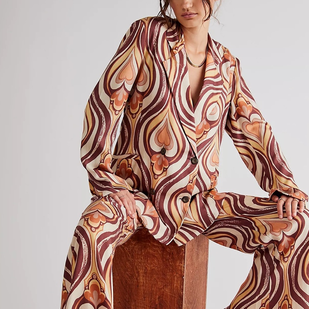 Free People On The Way Out Printed Retro Brown Heart Suit Jacket Only Size 6